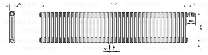 Схема (чертеж) Радиатор Zehnder Charleston 2050/37 №V008 Белый глянцевый RAL 9016